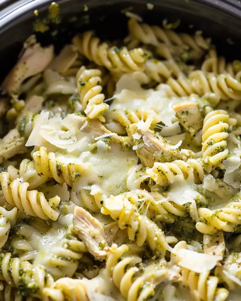 Slow Cooker Pesto Mozzarella Chicken Pasta