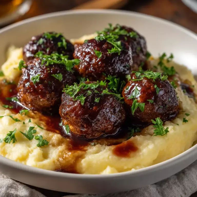 Salisbury Steak Meatballs With Garlic Herb Mashed Potatoes Recipe