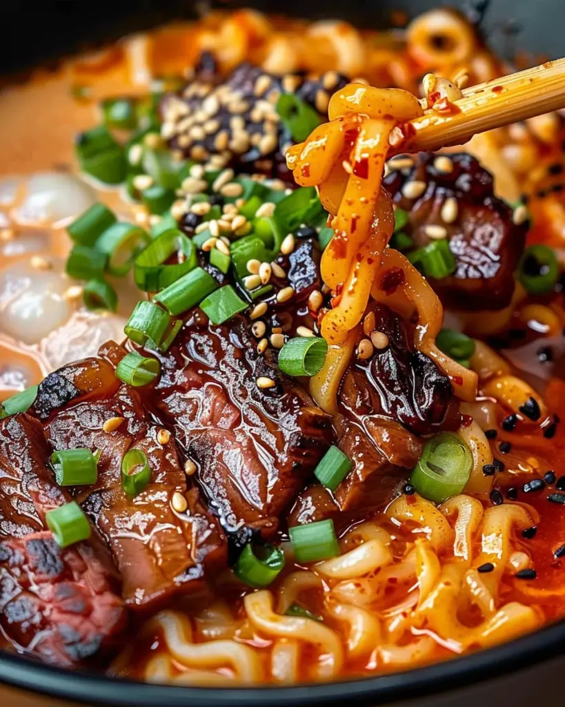 Spicy Korean Ramen with Grilled Beef & Creamy Sauce