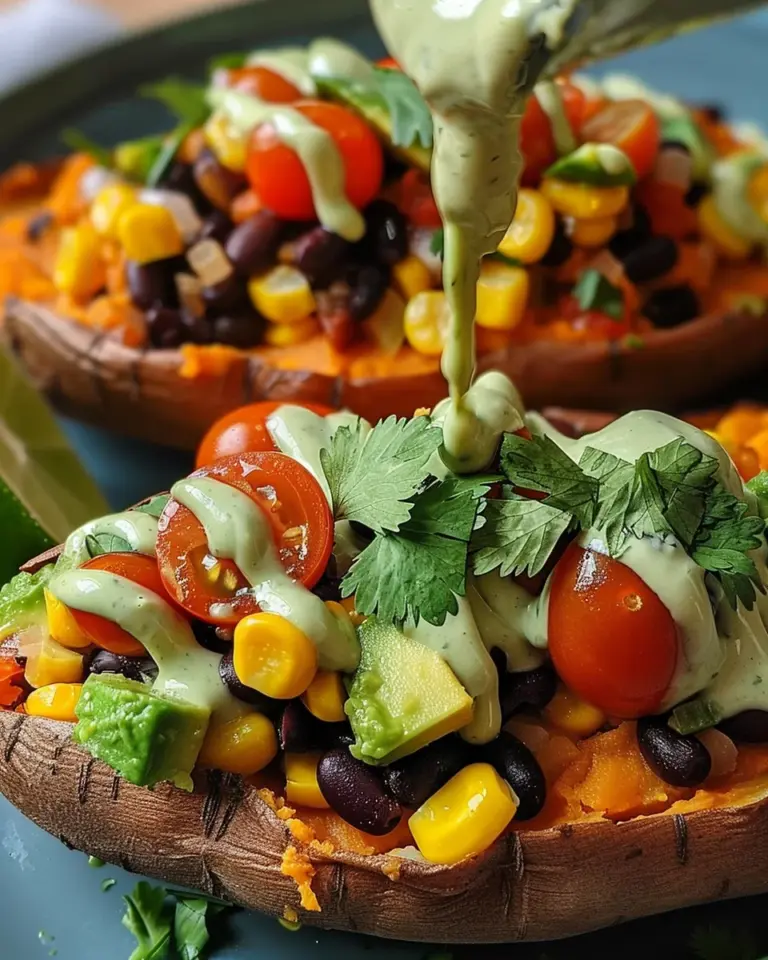 Stuffed Sweet Potato with Avocado, Black Beans & Cilantro Lime Crema