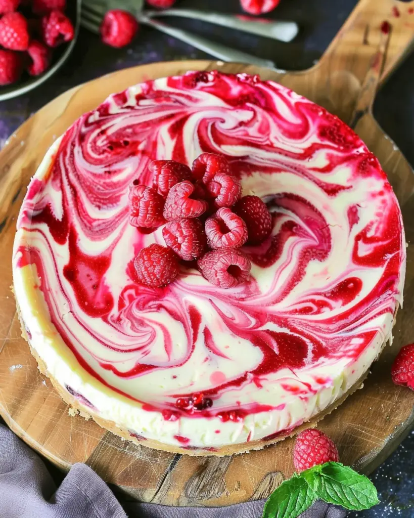 White Chocolate Raspberry Swirl Cheesecake