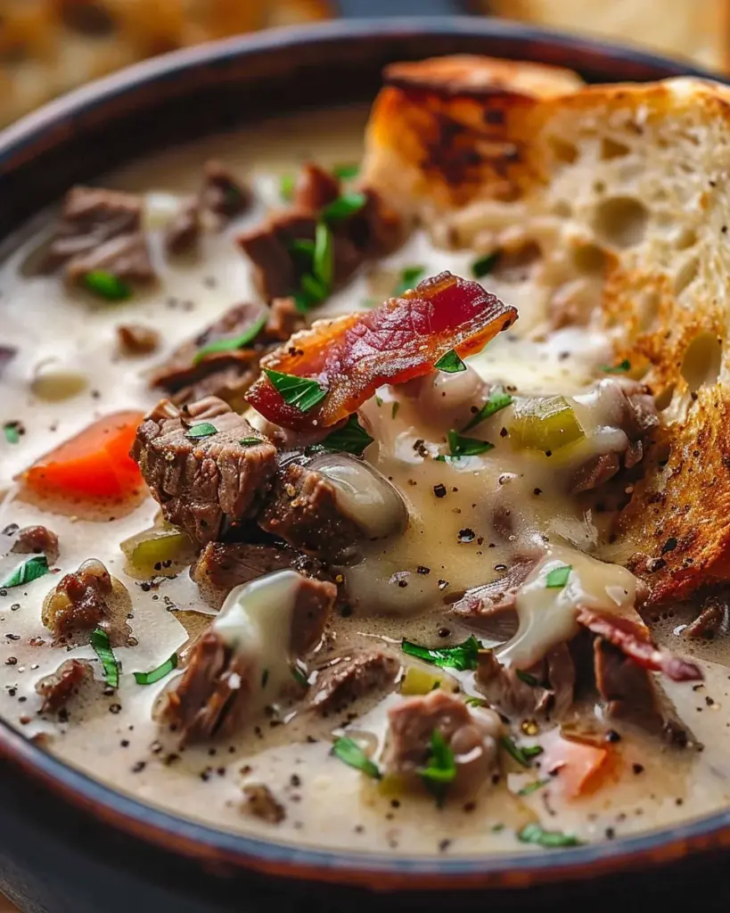 One-Pot Philly Cheesesteak Soup with Bacon and Cheesy Toast