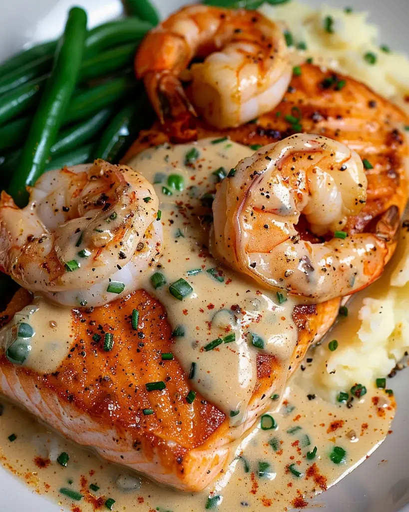 Cajun Shrimp and Salmon with Garlic Cream Sauce, Mashed Potatoes, and Green Beans: A Flavor-Packed Dinner to Impress
