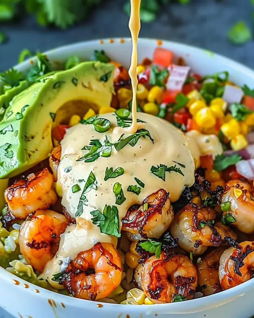 Grilled Shrimp Bowl with Avocado, Corn Salsa & Creamy Garlic Sauce: An Incredible 7-Ingredient Recipe