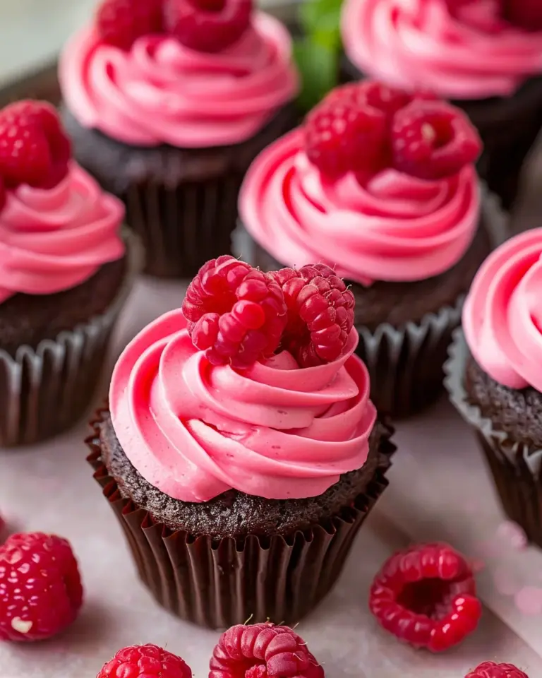 Dark Chocolate Cupcakes with Raspberry Buttercream Frosting