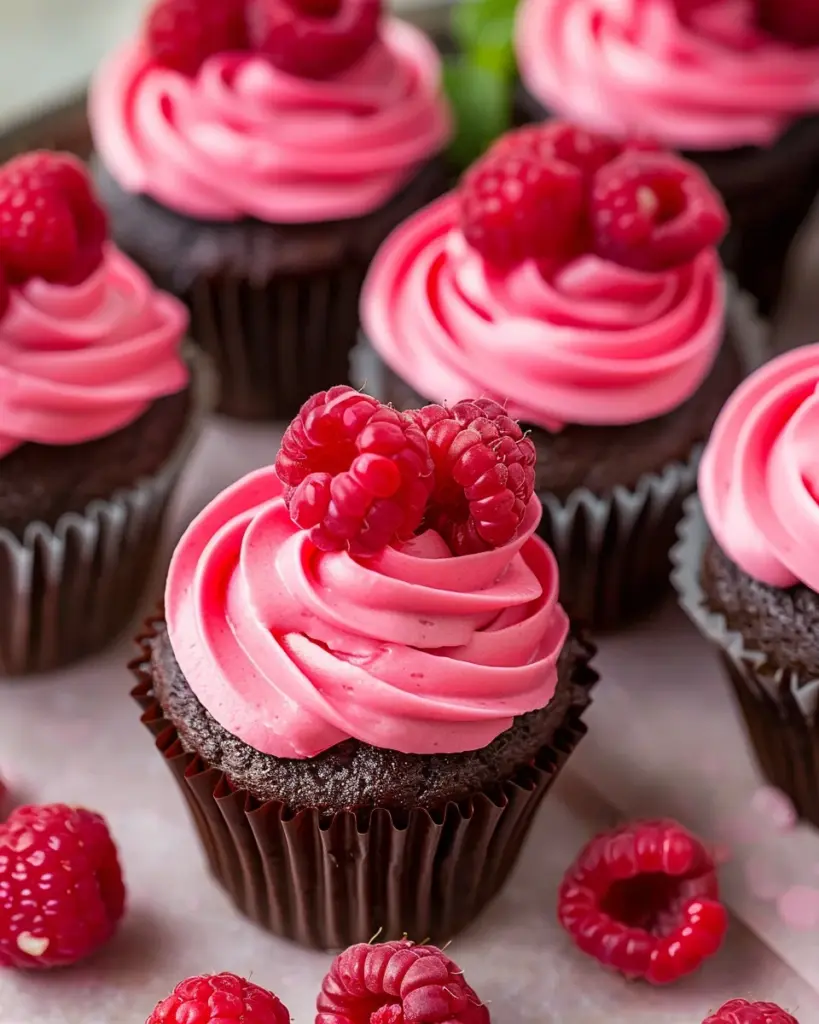 Dark Chocolate Cupcakes with Raspberry Buttercream Frosting