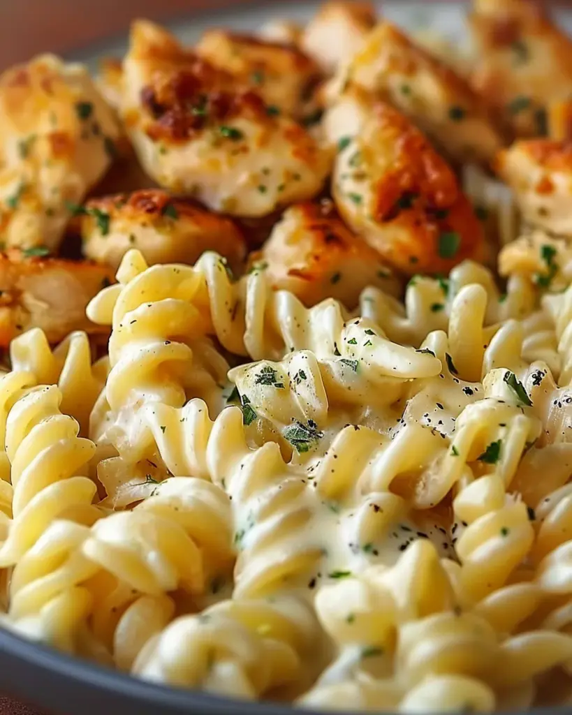 Cheesy Alfredo Twisted Pasta with Golden Garlic Butter Chicken in Creamy Sauce 5 4 1 48