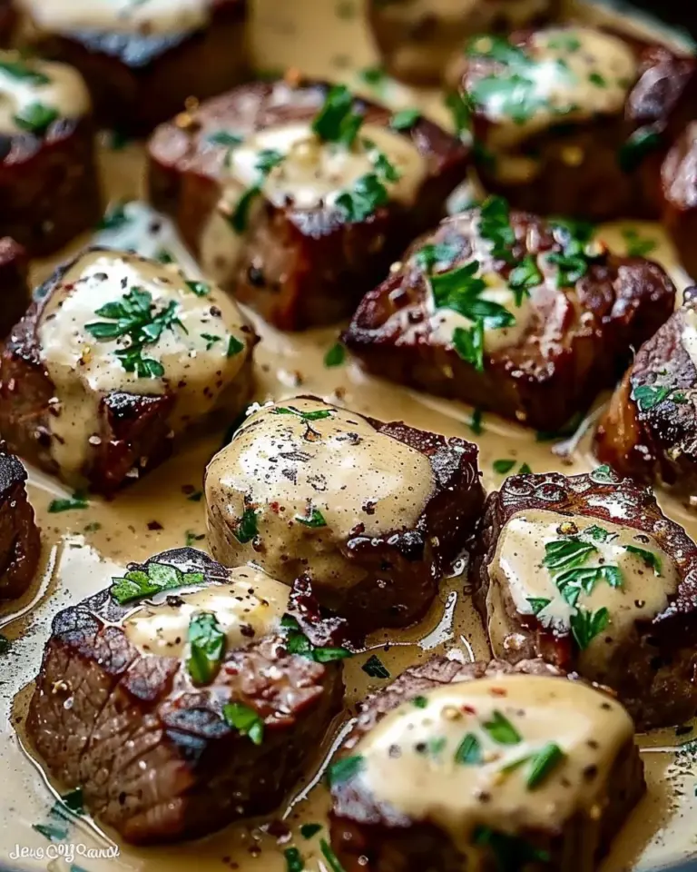 Tender Steak Bites in Garlic Butter with Creamy Parmesan Sauce