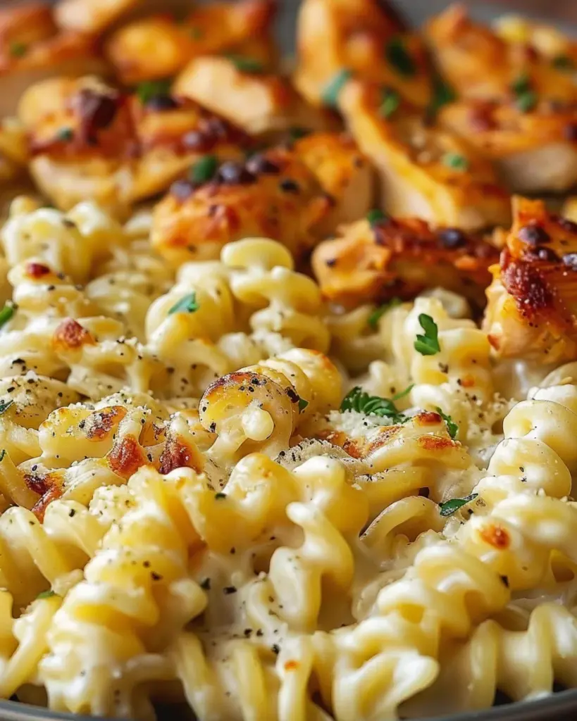 Cheesy Alfredo Twisted Pasta with Golden Garlic Butter Chicken in Creamy Sauce 6 4 3 17