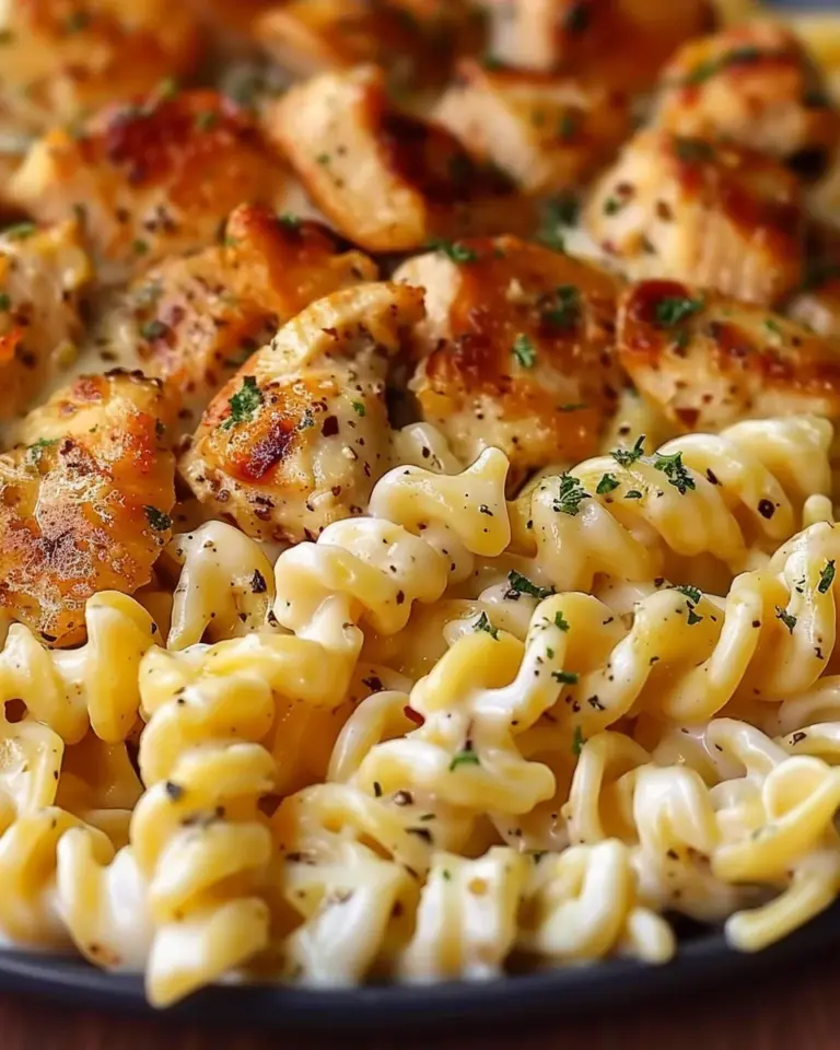 Cheesy Alfredo Twisted Pasta with Golden Garlic Butter Chicken in Creamy Sauce