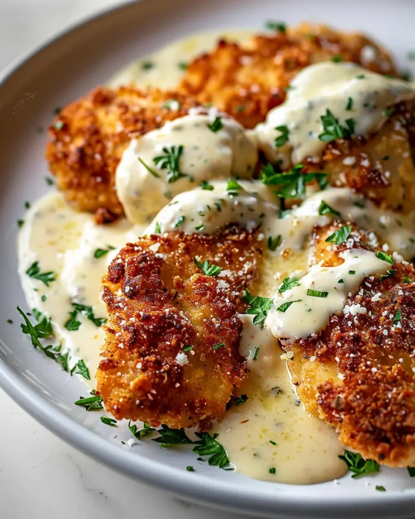 Crispy Parmesan Chicken with Garlic Cream Sauce