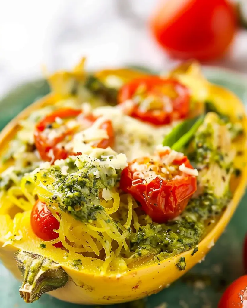 Pesto Chicken Stuffed Spaghetti Squash
