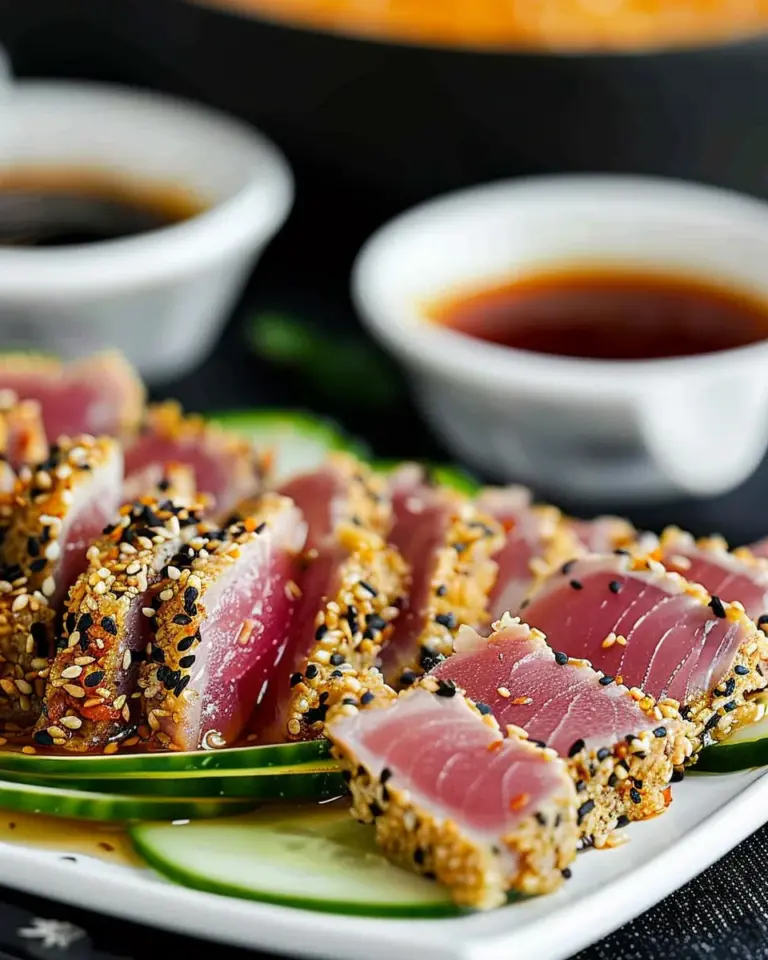 Seared sesame crusted tuna with orange ginger soy sauce