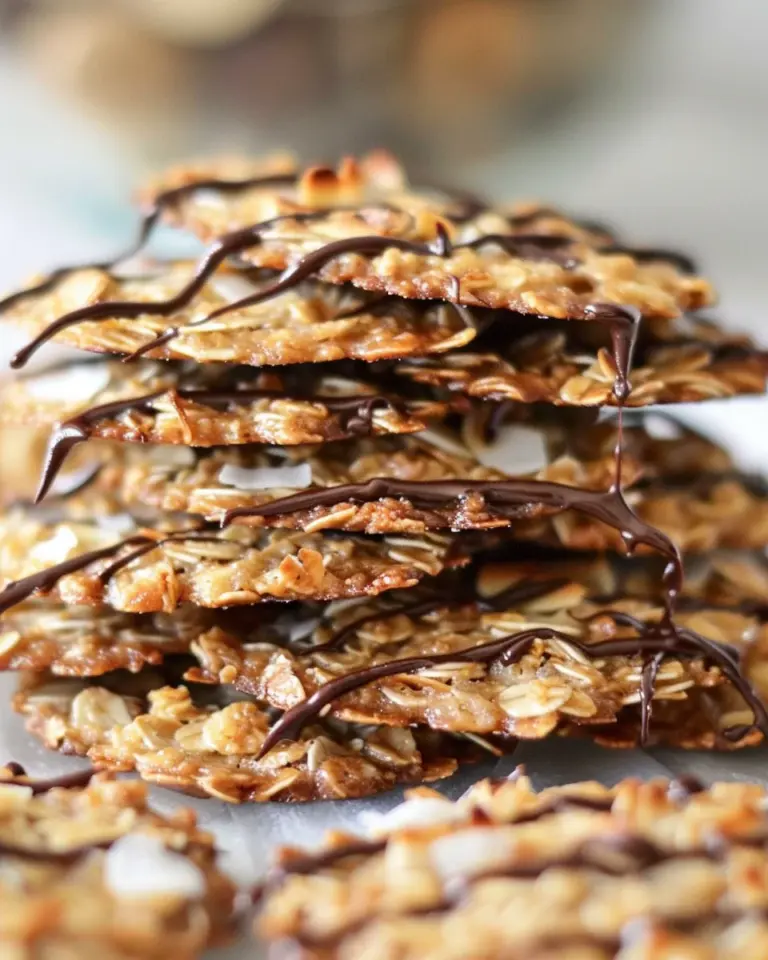 Thin Crispy Oatmeal Cookies with Toasted Coconut and Chocolate Drizzle