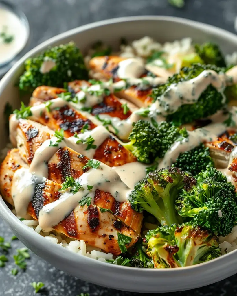 Grilled Chicken & Broccoli Bowls with Creamy Garlic Sauce