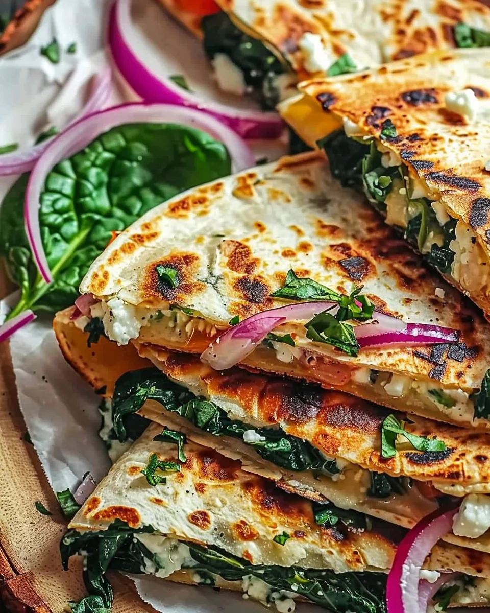 Mediterranean Quesadillas with Spinach Feta Mozzarella and Red Onion