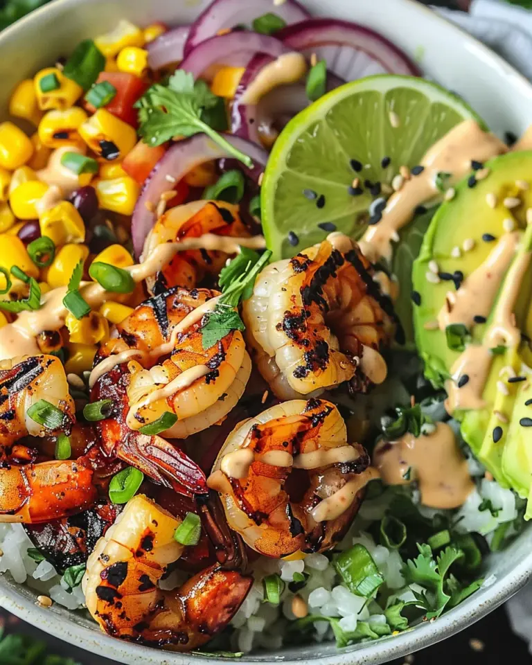 Grilled Shrimp Bowl with Avocado, Corn Salsa & Creamy Garlic Sauce