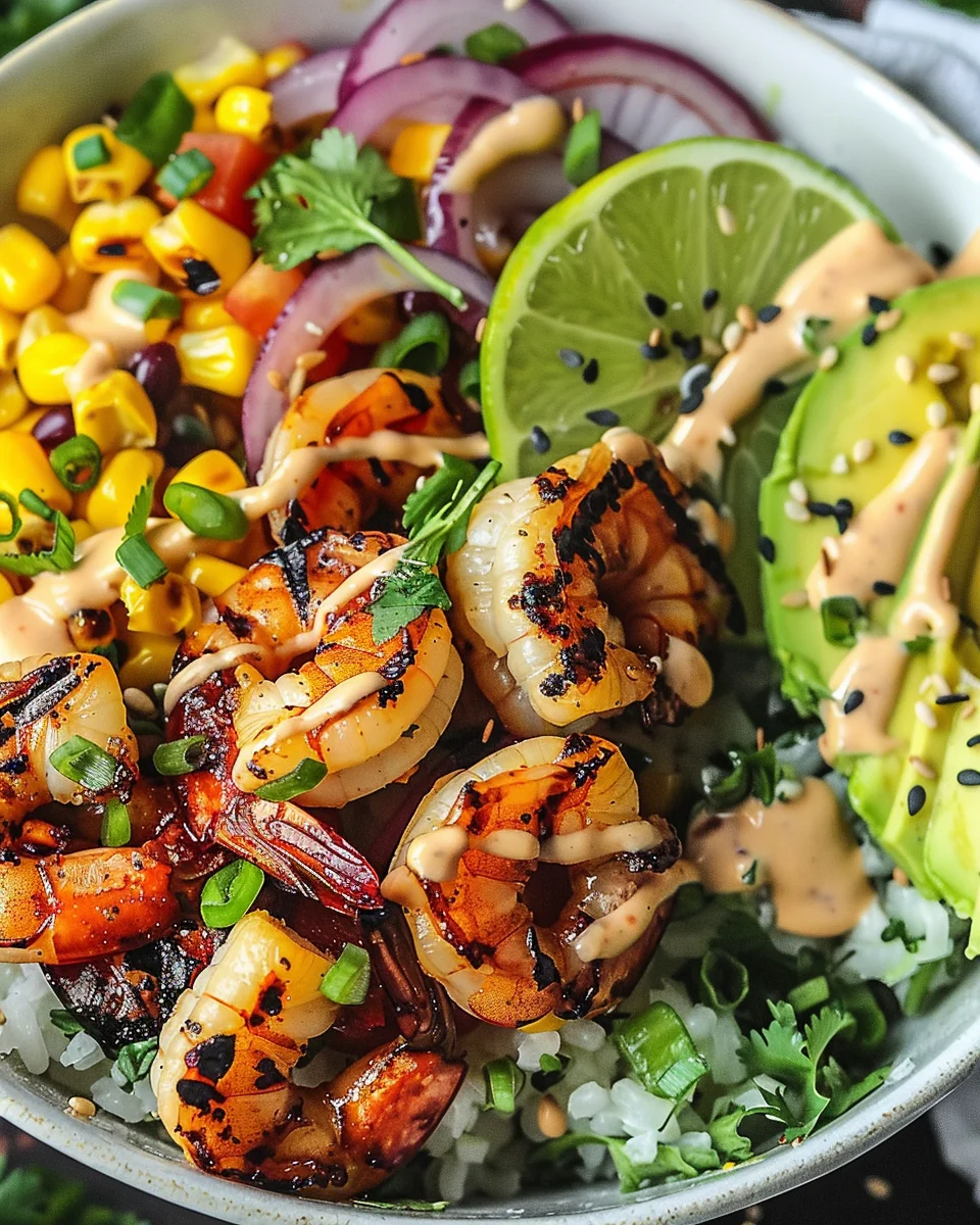 Grilled Shrimp Bowl with Avocado, Corn Salsa & Creamy Garlic Sauce